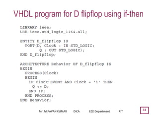 VHDL program for D flipflop using if-then
33Mr. M.PAVAN KUMAR DICA ECE Department RIT
 