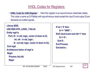 VHDL Codes for Registers
67
 VHDL Code for 4-Bit Register : Here this register is an asynchronous reset/clear states.
This code is same as D-Flipflop with asynchronous reset except the input D and output Q are
Declared as multibit signals.
Library IEEE;
USE IEEE.STD_LOGIC_1164.all;
Entity reg4 is
Port ( D : in std_logic_vector (3 down to 0);
rst, clk : in std_logic ;
Q : out std_logic_vector (3 down to 0));
End reg4;
Architecture behav of reg4 is
Begin
Process (rst,clk)
Begin
If rst = ‘0’ then
Q <= “0000” ;
Elsif clock’event and clk=‘1’ then
Q <= D ;
End If ;
End Process;
End behav ;
Mr. M.PAVAN KUMAR DICA ECE Department RIT
 