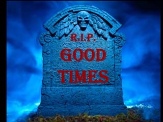 r.i.p. good times now what? wall street how did we get here? eric upin sequoia capital multiple problems housing led recession over leveraged financials falling asset prices frozen credit markets weak household balance sheet globally sinchronized slowing exacerbating all of above forces of inflation versus forces of deflation market circles are long dow jones industrials solid line inflation dotted line bear market 1966 1982 bull market 1983 200015000 10000 5000 0 1970 1980 1990 2000 2008 15% 10 5 resulting in falling inflation and cost of debt u.s. inflation (annual year/year cpi change yield on 10- year u.s. treasuries fueling a nation of consumers us current account /gdp 2% 0 -2 -4 -6 -8 1985 1990 1995 2000 2005 foreign $s recycled into treasuries demand keeps longer term rates low us. buys foreign goods foreign countries use proceeds to buy treasuries dependent on the kindness of strangers foreign ownership of us treasuries % total market capitalization liquidity and easing spread to housing home prices grew substantially above mean u.s. real home price index 250 200 150 100 50 1910 1920 1930 1940 1950 annualized 1.2% 2006 structured products and regulatory changes compound these issues growth in securitizations leverage on those structures increased leverage on bank's balance sheets often mis-rated by agencies repeal of glass-steagall regulatory changes encouraging home ownership huge growth in derivatives outstanding amount of open positions on otc derivatives markets note: oustanding amount is not a pure measure of risk as some positions are netled and have colletoral: u.s. gdp was !13.8t in 2007 source bak of international settlements. significant excess capacity world fixed investment (%gdp) tremendous amount of capacity built up japan may be instructive ''key themes global secular not ''''normal crisis'''', will take time credit not equity driven significant risk to gdp growth potential for greater regulatory reforms/scrutiny'' our take manage what you can control spending growth assumptions earnings assumptions focus on quality lower risk reduce debt main street where are we now? michael beckwith sequoia capital the entrepreneurs behind the entrepreneurs the u.s. : a nation of consumers the changing face of the econpmy $trillions 1987 1997 2007 total u.s. gdp 4.7 8.3 13.8 consumer spending 3.1 5.8 10.6 consumer as % of the total gdp 66% 70% 73% disposable personal income 3.5 6.0 10.2 ''explosion in home ownership home ownership % 70 69 68 67 66 65 64 63 62 long-term average 1965 1967 1969 1971 1973 1975 1977 1979 1980 1982 1984 1986 1988 1990 1992 1993r 1995 1997 1999 2001 2002r 2004 2006 2008 source: curent population survey/housing vacancy survey, serie h-111 reports, bureau ofthe census, washington, dc 20233 slideshare 24/56'' ''wage growth & personal savings personal savings rate -1 1 3 5 7 9 11 q186 q27 q491 q194 q296 q398 q400 q103 q205 q307 failing real wages eroding pce real personal consumption expenditure( _) real after-tax wages & salaries (_) -5 -3 -1 1 3 5 7 1971 1974 1977 1980 1983 1986 1989 1992 1995 1998 2001 2004 2007 personal savings rate evaporated real wage growth fell source: bureau of economic analysis, federal reserve, honor, bureau if labor statistics census bureau facebook morgan stanley research'' mews became the new piggy bank mew continues to fade‰Û_ from virtuous to viscious cycle mortgage reset delinquencies/fore closures prices fall mews decrease consumer spend falls job market erodes recession unemployment spikes higher on the brink of a recession. consumer confidence at multi-decade lows. ism is falling fast. gdp is poised to turn negative. earning beginning to roll earning down 18% on estimates made12 months ago s&p 500 rolling earnings surprise % 12mo forward estimates vs. actuals under-estimate earnings over-estimate earnings grey shading represents us advertising markets are cracking retail/ecommerce deteriorating total us ecommerce total us retail sales mobile is not immune 15% 10% 5% subscibers 0% q1'07 q2'07 q3'07 q4'07 q1'08 q2'08 q3'08 -5% handsets -10% source: tns u.s. advertising expenditure estimates ''tech spending depends on economy y-y change in s&p 500 earnings, technology spending(1996-2008e)'' your street where do we go from here? doug leone sequoia capital the entrepreneurs behind entrepreneurs ups and downs always occur slideshare 40/56 its different this time the new hard times recovery will be long $ time ''changes in financing environment fortune venture firms brace for cash crunch big investors turn away from vcs as the financial crisis takes its toll. by michael v. copeland ''''if you are a venture capitalist looking for a new limited partner, don't stop in here. don't try and sell me on a new fund, and good luck trying with everyone else.'''' ''''if you're a second or third-tier venture firm trying to raise another fund, forget about it.'''' ''''it will start first in private equity funds where there will be a substantial miss on capital calls. then we'll see it next in venture capital.'''' ''''if you are start-up that is not cash-flow positive you are in a tough spot right now. if you haven't figured out your business model yet you are in trouble. '''' it's going to be hard to get another round. you aren't going to get a second life this time.'''''' ''new realities, $15 m, raise@$100m post is gone, series b/c will be smaller raises, customer uptake will be slower, cuts are a must, need to become cash flow positive'' increased challenges m& as will decrease prices will decrease acquiring entities will favor profitable companies ipos will continue to decrease and will take longer survival preserve capital grab share must have product established revenue model understanding of market uptake customers abilities to pay assessment vs competitors cash is king need for profitability ops review engineering product marketing sales & bus dev pipeline finance cashburn g&a decrease headcount for next version? what features are absolutely essential? measuring & cutting whats not working? getting return on expense increase? real probabilities of closing deals? where can payments be deferred? what departments are essential? death spiral survival of the quickest no one moves fast enough cisco systems emc2 adobe yahoo amazon.com cisco emc adbe yhoo amzn average choices what decisions do you plan to make? vs. what decisions do you wish you had made? the solution perform situation analysis adapt quickly use a zero-based budgenting approach make cuts reviews salaries employ a heavenly commissioned sales structure bolster balance sheets become cash flow positive as soon as possible spend every dollar as if it were your last get real or go home q & a sequoia capital the entrepreneurs behind the entrepreneurs