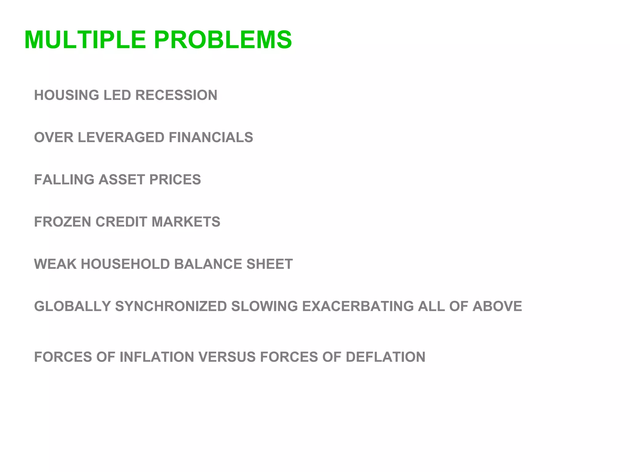 MULTIPLE PROBLEMS

HOUSING LED RECESSION


OVER LEVERAGED FINANCIALS


FALLING ASSET PRICES


FROZEN CREDIT MARKETS


WEAK HOUSEHOLD BALANCE SHEET


GLOBALLY SYNCHRONIZED SLOWING EXACERBATING ALL OF ABOVE


FORCES OF INFLATION VERSUS FORCES OF DEFLATION
 