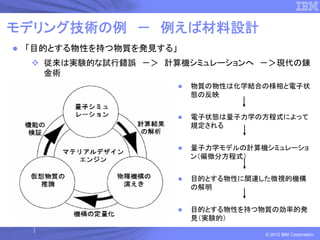 モデリング技術の例 － 例えば材料設計
 「目的とする物性を持つ物質を発見する」
   従来は実験的な試行錯誤 －＞ 計算機シミュレーションへ －＞現代の錬
   金術
                       物質の物性は化学結合の様相と電子状
                       態の反映


                       電子状態は量子力学の方程式によって
                       規定される


                       量子力学モデルの計算機シミュレーショ
                       ン（偏微分方程式）


                       目的とする物性に関連した微視的機構
                       の解明


                       目的とする物性を持つ物質の効率的発
                       見（実験的）

                                  © 2012 IBM Corporation
 