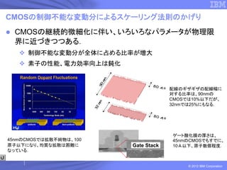 CMOSの制御不能な変動分によるスケーリング法則のかげり
  CMOSの継続的微細化に伴い、いろいろなパラメータが物理限
  界に近づきつつある．
     制御不能な変動分が全体に占める比率が増大
     素子の性能、電力効率向上は鈍化




                             nm
                         90
                                                  80 A
                                                       o
                                                           配線のギザギザの配線幅に
                                                           対する比率は、90nmの
                                    CD=32nm                CMOSでは10%以下だが、

                         nm
                                      3nm                  32nmでは25%にもなる．
                        32

                                                  80 A
                                                       o




                                                           ゲート酸化膜の厚さは、
45nmのCMOSでは拡散不純物は、100                                      45nmのCMOSでもすでに、
原子以下になり、均質な拡散は困難に
                                  10S T ox= 11A
                                  Gate Stack               10Å以下、原子数個程度．
なっている．


                                                                © 2012 IBM Corporation
 