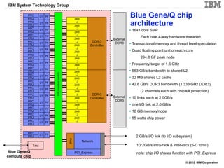 IBM System Technology Group

          PPC
          FPU
                      L1 PF
                                                           2MB
                                                                                              Blue Gene/Q chip
          PPC
          FPU
                      L1 PF
                                                            L2
                                                           2MB                                architecture
          PPC         L1 PF
                                                            L2
          FPU                                              2MB
                                                                                              16+1 core SMP
          PPC         L1 PF
                                                            L2
          FPU                                              2MB
                                                                                                   Each core 4-way hardware threaded
                                                                                   External
          PPC         L1 PF
                                                            L2         DDR-3        DDR3
          FPU                                              2MB        Controller              Transactional memory and thread level speculation
          PPC         L1 PF
                                                            L2
          FPU                                              2MB                                Quad floating point unit on each core
          PPC         L1 PF
                                                            L2
          FPU                                              2MB                                     204.8 GF peak node
          PPC         L1 PF
                                                            L2
          FPU                                              2MB                                Frequency target of 1.6 GHz
          PPC         L1 PF
                                                            L2
          FPU                                              2MB                                563 GB/s bandwidth to shared L2
                              full crossbar switch

          PPC         L1 PF
                                                            L2
          FPU                                              2MB                                32 MB shared L2 cache
          PPC         L1 PF
                                                            L2
          FPU                                              2MB                                42.6 GB/s DDR3 bandwidth (1.333 GHz DDR3)
          PPC         L1 PF
                                                            L2
          FPU                                              2MB                                     (2 channels each with chip kill protection)
          PPC         L1 PF
                                                            L2         DDR-3
          FPU                                              2MB        Controller   External   10 links each at 2.0GB/s
          PPC                                               L2                      DDR3
                      L1 PF
          FPU                                              2MB                                one I/O link at 2.0 GB/s
          PPC         L1 PF
                                                            L2
          FPU                                              2MB                                16 GB memory/node
          PPC         L1 PF
                                                            L2
          FPU                                              2MB                                55 watts chip power
          PPC         L1 PF
                                                            L2
          FPU


          PPC         L1 PF
          FPU                                                                                   2 GB/s I/O link (to I/O subsystem)
                                                     dma




                                                                 Network
               Test                                                                             10*2GB/s intra-rack & inter-rack (5-D torus)
Blue Gene/Q                                                PCI_Express                          note: chip I/O shares function with PCI_Express
compute chip
36                                                                                              10/05/2010                     © 2012 IBM Corporation
 