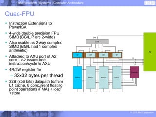 IBM Research | Systems | Computer Architecture


Quad-FPU
 Instruction Extensions to
 PowerISA
 4-wide double precision FPU
 SIMD (BG/L,P are 2-wide)                                   256


                                                              Load
 Also usable as 2-way complex
 SIMD (BG/L had 1 complex
 arithmetic)                                                                                        A2
                                              RF       RF             RF     RF
 Attached to AXU port of A2                                                          64
 core – A2 issues one
 instruction/cycle to AXU
 4R/2W register file                                                               Permute

 – 32x32 bytes per thread                    MAD0     MAD1           MAD2   MAD3

 32B (256 bits) datapath to/from
 L1 cache, 8 concurrent floating
 point operations (FMA) + load
 +store



                                                                                   © 2011 IBM Corporation
 