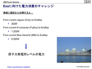 IBM Power Systems

Exaに向けた電力消費のチャレンジ
単純に現在から外挿すると；


From current Jaguar (Cray) to Exaflop
         3GW
From current K-computer (Fujitsu) to Exaflop
         1.2GW
From current Blue Gene/Q (IBM) to Exaflop
         0.5GW




     原子力発電所レベルの電力



    Power is performance redefined             © 2012 IBM Corporation
 