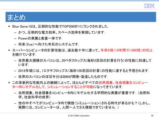 まとめ
Blue Gene/Qは、圧倒的な性能でTOP500の１にランクされました.
 – かつ、圧倒的な電力効率、スペース効率を実現しています.
 – Powerの発展と表裏一体です.
 – 将来（Exa）へ向けた布石のシステムです.
スーパーコンピュータの計算性能は、過去数十年に渡って、年率２倍（10年間で1,000倍）の向上
を続けています．
 – 世界最大規模のスパコンは、20ペタフロップス(毎秒2京回の計算を行う）の性能に到達して
   います．
 – 2018年頃には、1エクサフロップス（毎秒100京回の計算）の性能に達すると予想されます．
 – 世界のスパコンのぼぼ半分はIBMが開発・製造したものです．
この革新的な性能向上の継続によって、ほとんどすべての自然現象、社会現象をコンピュー
ター内にモデル化して、シミュレーションすることが可能になってきています．
 – 自然現象、社会現象をコンピュータ内にモデル化する学問的な発展が重要です．（自然科
   学、社会科学の世界）
 – 世の中すべてがコンピュータ内で模倣（シミュレーション）される時代が来るかも？（しかし、
   実際には、コンピューターは、人間一人でさえ模倣できていません．）

                      © 2012 IBM Corporation       55
 