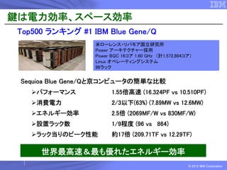 鍵は電力効率、スペース効率
 Top500 ランキング #1 IBM Blue Gene/Q
                  米ローレンス・リバモア国立研究所
                  Power アーキテクチャー採用
                  Power BQC 16コア 1.60 GHz （計1,572,864コア）
                  Linux オペレーティングシステム
                  96ラック


 Sequioa Blue Gene/Qと京コンピュータの簡単な比較
     パフォーマンス            1.55倍高速 (16.324PF vs 10.510PF)
     消費電力               2/3以下(63%) (7.89MW vs 12.6MW)
     エネルギー効率            2.5倍 (2069MF/W vs 830MF/W)
     設置ラック数             1/9程度 (96 vs 864)
     ラック当りのピーク性能        約17倍 (209.71TF vs 12.29TF)

      世界最高速＆最も優れたエネルギー効率
                                                      © 2012 IBM Corporation
 