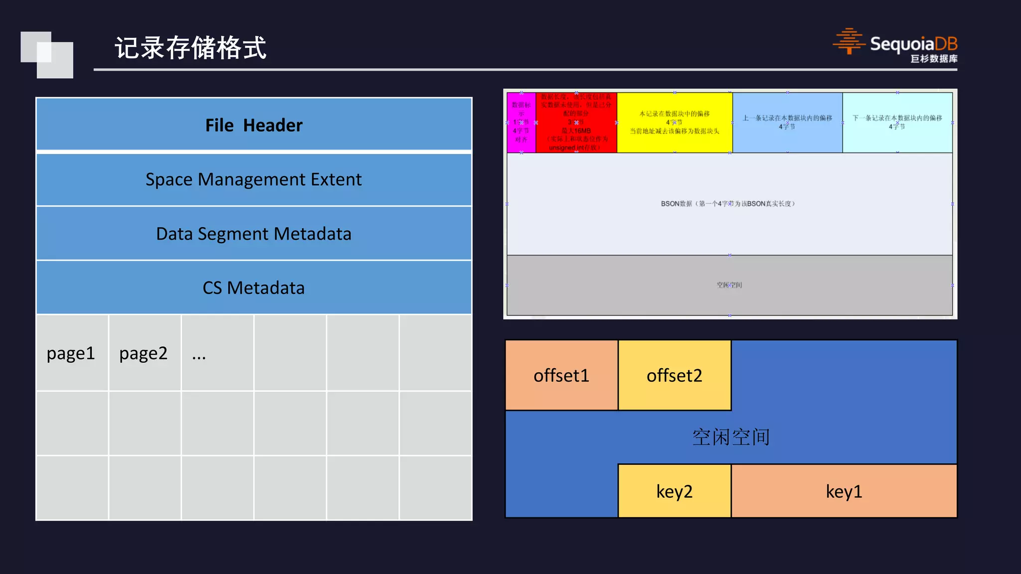 File Header Space Management Extent Data Segment Metadata CS Metadata page1 page2 ... offset1 offset2 key2 key1 