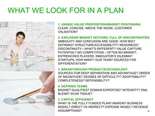 WHAT WE LOOK FOR IN A PLAN <ul><li>1. UNIQUE VALUE PROPOSITION/MARKET POSITIONING  CLEAR, CONCISE, ABOVE THE NOISE; CUSTOM...