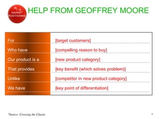 HELP FROM GEOFFREY MOORE For   [target customers]   Who have   [compelling reason to buy]   Our product is a   [new produc...
