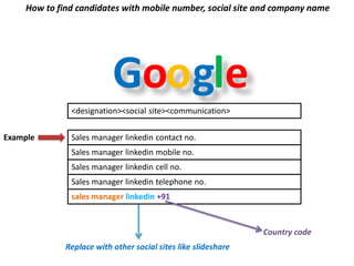 Google
How to find candidates with mobile number, social site and company name
Example
<designation><social site><communication>
Sales manager linkedin contact no.
Sales manager linkedin mobile no.
Sales manager linkedin cell no.
Sales manager linkedin telephone no.
Replace with other social sites like slideshare
sales manager linkedin +91
Country code
 
