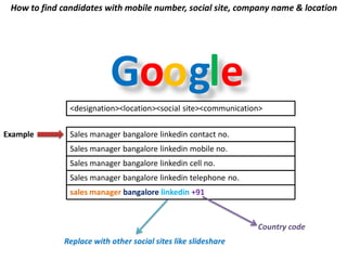 Google
How to find candidates with mobile number, social site, company name & location
Example Sales manager bangalore linkedin contact no.
Sales manager bangalore linkedin mobile no.
Sales manager bangalore linkedin cell no.
Sales manager bangalore linkedin telephone no.
Replace with other social sites like slideshare
sales manager bangalore linkedin +91
Country code
<designation><location><social site><communication>
 