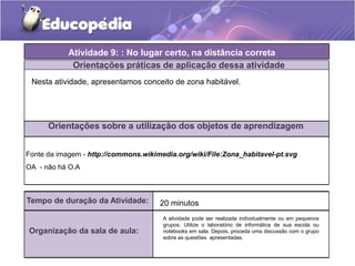 Atividade 9: : No lugar certo, na distância correta
Orientações práticas de aplicação dessa atividade
Nesta atividade, apresentamos conceito de zona habitável.
Orientações sobre a utilização dos objetos de aprendizagem
Fonte da imagem - http://commons.wikimedia.org/wiki/File:Zona_habitavel-pt.svg
OA - não há O.A
Tempo de duração da Atividade: 20 minutos
Organização da sala de aula:
A atividade pode ser realizada individualmente ou em pequenos
grupos. Utilize o laboratório de informática de sua escola ou
notebooks em sala. Depois, proceda uma discussão com o grupo
sobre as questões apresentadas.
 