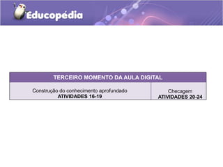 TERCEIRO MOMENTO DA AULA DIGITAL
Construção do conhecimento aprofundado
ATIVIDADES 16-19
Checagem
ATIVIDADES 20-24
 