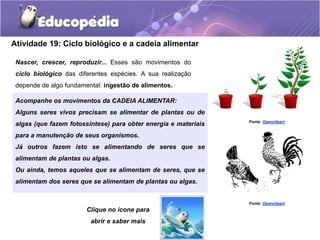 Atividade 19: Ciclo biológico e a cadeia alimentar
Clique no ícone para
abrir e saber mais
Acompanhe os movimentos da CADEIA ALIMENTAR:
Alguns seres vivos precisam se alimentar de plantas ou de
algas (que fazem fotossíntese) para obter energia e materiais
para a manutenção de seus organismos.
Já outros fazem isto se alimentando de seres que se
alimentam de plantas ou algas.
Ou ainda, temos aqueles que se alimentam de seres, que se
alimentam dos seres que se alimentam de plantas ou algas.
Fonte: Openclipart
Nascer, crescer, reproduzir... Esses são movimentos do
ciclo biológico das diferentes espécies. A sua realização
depende de algo fundamental: ingestão de alimentos.
Fonte: Openclipart
 