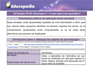 Atividades 20-24: Educoquiz 3 – O que mais você aprendeu?
Orientações práticas de aplicação dessa atividade
Nesta atividade, serão apresentadas questões de nível intermediário e difícil, para
que, através delas, possamos identificar na estrutura cognitiva dos alunos, se os
conhecimentos apresentados foram compreendidos ou se há ainda ideias
alternativas que precisam ser fragilizadas.
Orientações sobre a utilização dos objetos de aprendizagem
O objeto em questão é um quiz com cinco questões de múltipla escolha com quatro opções de respostas.
Fonte imagem 1: https://openclipart.org/detail/135013/green-plant-in-its-pot-in-three-different-phases-of-growth-by-
palomaironique & Fonte imagem 2 : Produzida por Vitor N. Caetano
Tempo de duração da
Atividade:
25 minutos
Organização da sala de aula:
Utilize o laboratório de informática de sua
escola ou notebooks em sala para realizar os
testes. Depois, proceda uma discussão com o
grupo sobre as questões.
 