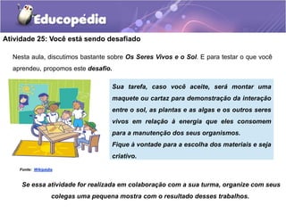 Atividade 25: Você está sendo desafiado
Nesta aula, discutimos bastante sobre Os Seres Vivos e o Sol. E para testar o que você
aprendeu, propomos este desafio.
Se essa atividade for realizada em colaboração com a sua turma, organize com seus
colegas uma pequena mostra com o resultado desses trabalhos.
Sua tarefa, caso você aceite, será montar uma
maquete ou cartaz para demonstração da interação
entre o sol, as plantas e as algas e os outros seres
vivos em relação à energia que eles consomem
para a manutenção dos seus organismos.
Fique à vontade para a escolha dos materiais e seja
criativo.
Fonte: Wikipédia
 