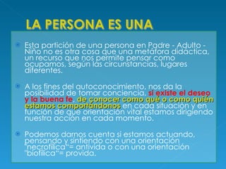 Esta partición de una persona en Padre - Adulto - Niño no es otra cosa que una metáfora didáctica, un recurso que nos permite pensar como ocupamos, según las circunstancias, lugares diferentes. A los fines del autoconocimiento, nos da la posibilidad de tomar conciencia,  si existe el deseo y la buena fe ,  de conocer como qué o como quién estamos   comportándonos  en cada situación y en función de que orientación vital estamos dirigiendo nuestra acción en cada momento. Podemos darnos cuenta si estamos actuando, pensando y sintiendo con una orientación "necrofílica“= antivida o con una orientación "biofílica“= provida. 