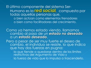 El último componente del sistema Ser-Humano es la  red social ,   compuesta por todas aquellas personas que,  o bien actúan como elementos frenadores o bien como facilitadores del crecimiento. Como ya hemos estado viendo, llamamos cambio al paso de un  estado no deseado  a un  estado deseado . Pero a pesar de ser muy fuerte el deseo de cambio, el individuo se resiste, lo que indica que hay dos fuerzas en pugna:  la que tiende a quedarse dentro de los límites restrictivos del Argumento de Vida y la fuerza de vida que lo impulsa a trascenderlo. 