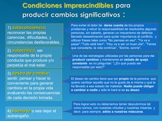 4)  buena fe   o sea dejar el autoengaño. Para evitar el dolor de  darse cuenta  de los propios problemas y rehuir la responsabilidad de resolverlos algunas personas, sin saberlo, generan un mecanismo de defensa llamado desestimación para quitar importancia al conflicto,  y utilizan frases tales como "No pienses en eso", "Ya va a pasar","Todo está bien", "Hoy va a ser un buen día", “Tienes que consolarte, la vida continúa”, “Sonríe, sonríe”,  1)  autoconciencia :  reconocer las propias carencias, dificultades, y circunstancias desfavorables. 2)  autocrítica , ser responsable de la propia conducta que produce y/o perpetúa el mal estar.  3)  deseo de cambio : sentir, pensar y hacer lo conveniente para generar cambios en la propia vida evaluando las consecuencias de cada decisión tomada.  Una de las estrategias utilizadas por las personas para  no producir cambios  y mantenerse en  estado de queja constante   es no preguntar: "¿En qué puedo ser responsable por esto?" El deseo de cambio tiene que ser  propio  de la persona  que quiere cambiar aquello que no le gusta de si misma y que la ha llevado a ese estado de malestar.  Nadie puede obligar a cambiar a nadie  y sólo lo hará si es  su deseo Para lograr esto no deberíamos temer descubrirnos tal como somos, con nuestras virtudes y nuestras miserias  y decir, para siempre,  adiós a nuestras máscaras . 