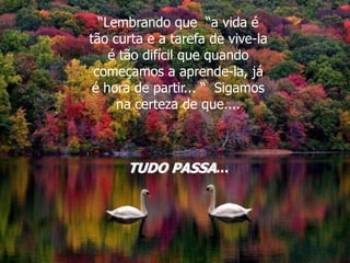 “Lembrando que “a vida é
tão curta e a tarefa de vive-la
    é tão difícil que quando
 começamos a aprende-la, já
 é hora de partir... “ Sigamos
     na certeza de que....



      TUDO PASSA...
 