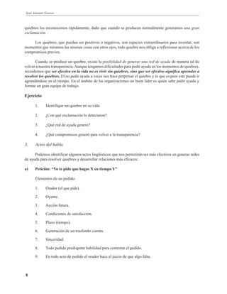 José Antonio Viveros
6
quiebres los reconocemos rápidamente, dado que cuando se producen normalmente generamos una gran
exclamación.
Los quiebres, que pueden ser positivos o negativos, son espacios extraordinarios para inventar, son
momentos que miramos las mismas cosas con otros ojos, todo quiebre nos obliga a reflexionar acerca de los
compromisos previos.
Cuando se produce un quiebre, existe la posibilidad de generar una red de ayuda de manera tal de
volver a nuestra transparencia.Aunque tengamos dificultades para pedir ayuda en los momentos de quiebres,
recordemos que ser efectivo en la vida no es vivir sin quiebres, sino que ser efectivo significa aprender a
resolver los quiebres. El no pedir ayuda a veces nos hace perpetuar el quiebre y lo que es peor este puede ir
agrandándose en el tiempo. En el ámbito de las organizaciones un buen líder es quién sabe pedir ayuda y
formar un gran equipo de trabajo.
Ejercicio
1. Identifique un quiebre en su vida.
2. ¿Con qué exclamación lo detectaron?
3. ¿Qué red de ayuda generó?
4. ¿Qué compromisos generó para volver a la transparencia?
3. Actos del habla
Podemos identificar algunos actos lingüísticos que nos permitirán ser más efectivos en generar redes
de ayuda para resolver quiebres y desarrollar relaciones más eficaces:
a) Petición: “Yo te pido que hagas X en tiempo Y”
Elementos de un pedido:
1. Orador (el que pide).
2. Oyente.
3. Acción futura.
4. Condiciones de satisfacción.
5. Plazo (tiempo).
6. Generación de un trasfondo común.
7. Sinceridad.
8. Todo pedido predispone habilidad para contestar el pedido.
9. En todo acto de pedido el orador hace el juicio de que algo falta.
 