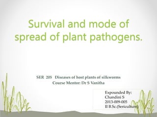 SER 205 Diseases of host plants of silkworms
Course Mentor: Dr S Vanitha
Survival and mode of
spread of plant pathogens.
Expounded By:
Chandini S
2013-009-005
II B.Sc.(Sericulture)
 