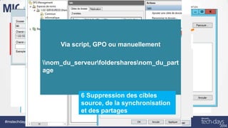 MIGRATION DES DONNÉES
1 Ajout du rôle de réplication
DFS
Utilisation de
DFS

2 Ajout des dossiers partagés
Via script, GPO ou manuellement
3 Ajout des cibles de dossiers
et des groupes de réplication
nom_du_serveurfoldersharesnom_du_part
4 Choix de la cible préférée
age
5 Connexion des disques
réseau
6 Suppression des cibles
source, de la synchronisation
et des partages

#mstechdays

Infrastructure, communication & collaboration

 