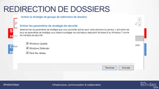 REDIRECTION DE DOSSIERS
Suppression des anciennes
redirections

Suppression de la
GPO

Création des nouvelles
redirections

Création des
nouvelles
redirections

#mstechdays

Infrastructure, communication & collaboration

 