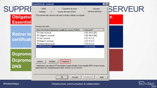 SUPPRESSION DE L’ANCIEN SERVEUR
Obligatoire si la source est SBS et la destination
Essentials (pas comme rôle)
Retirer les services de
certificats

Nettoyer ADUC
Nettoyer AD Sites et
services

Dcpromo
Dcpromo /forceremoval
DNS

Nettoyer DNS (NS)
BPA

#mstechdays

Infrastructure, communication & collaboration

 