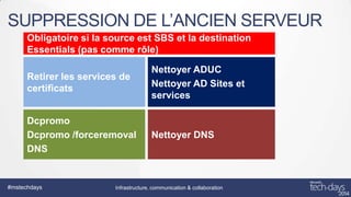 SUPPRESSION DE L’ANCIEN SERVEUR
Obligatoire si la source est SBS et la destination
Essentials (pas comme rôle)
Retirer les services de
certificats

Nettoyer ADUC
Nettoyer AD Sites et
services

Dcpromo
Dcpromo /forceremoval
DNS

Nettoyer DNS

#mstechdays

Infrastructure, communication & collaboration

 
