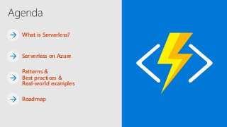 What is Serverless?
Serverless on Azure
Roadmap
Patterns &
Best practices &
Real-world examples