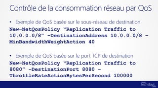 • Exemple de QoS basée sur le sous-réseau de destination
New-NetQosPolicy “Replication Traffic to
10.0.0.0/8” –DestinationAddress 10.0.0.0/8 –
MinBandwidthWeightAction 40
• Exemple de QoS basée sur le port TCP de destination
New-NetQosPolicy “Replication Traffic to
8080” –DestinationPort 8080 –
ThrottleRateActionBytesPerSecond 100000
Contrôle de la consommation réseau par QoS
 