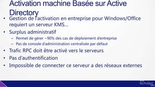 • Gestion de l’activation en entreprise pour Windows/Office
requiert un serveur KMS…
• Surplus administratif
– Permet de gérer ~90% des cas de déploiement d’entreprise
– Pas de console d’administration centralisée par défaut
• Trafic RPC doit être activé vers le serveurs
• Pas d’authentification
• Impossible de connecter ce serveur a des réseaux externes
Activation machine Basée sur Active
Directory
 