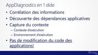 AppDiagnostics en 1 slide
• Corrélation des informations
• Découverte des dépendances applicatives
• Capture du contexte
  – Contexte d’exécution
  – Environnement d’exécution
• Pas de modification du code des
  applications!
 