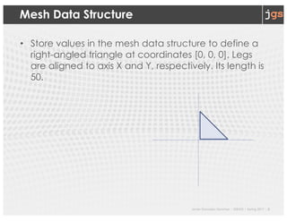 Javier Gonzalez-Sanchez | SER332 | Spring 2017 | 8
Mesh Data Structure
• Store values in the mesh data structure to define a
right-angled triangle at coordinates [0, 0, 0]. Legs
are aligned to axis X and Y, respectively. Its length is
50.
 