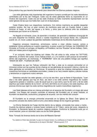 Revista Sabiduría del Ser No. 41

www.samaelgnosis.net

Esta práctica hay que hacerla diariamente para desarrollar los Eternos poderes mágicos.
Las siete glándulas más importantes del organismo humano constituyen los siete laboratorios
controlados por la ley del Triángulo. Cada una de estas glándulas tiene su exponente en un
Chakra del organismo. Cada uno de los siete Chakras se halla vivamente representado con las
siete Iglesias de las que nos habla San Juan en el Apocalipsis.
Cada Chakra tiene sus respectivos mantrams. Con dichos mantrams es posible despertar
poderes ocultos. Así hay un gran número de mantrams para salir en Cuerpo Astral; o para
dominar el fuego, el aire, las aguas y la tierra; y otros para la defensa ante las entidades
tenebrosas que moran en el Abismo.
Ha llegado el momento, pues, de aprender a vocalizar, de aprender a deletrear el lenguaje de
oro para despertar los Chakras, discos o ruedas magnéticas del Cuerpo Astral. Así, cualquiera
puede ver, oír, tocar y palpar las grandes realidades misteriosas de los Mundos Superiores.
Hagamos procesos mecánicos, armoniosos; vamos a crear células nuevas; vamos a
establecer ritmos perfectos en nuestro organismo; a poner a girar los Vórtices, los CHAKRAS! (El
Occipital, el Frontal, el Laríngeo, el Hepático, el Prostático, las dos “Ruedas” de las rodillas). Claro,
ellos son vitales para el organismo.
Y en conjunto, todos los chakras son vitales. Por allí entra la vida, entran los TATTVAS,
dijéramos, al interior del cuerpo. Esos Tattvas entran, sí, y no vuelven a salir porque se convierten,
dentro del organismo, en hormonas. Y “HORMONA” viene de una palabra Griega que significa
“ANSIA DE SER”, “FUERZA DE SER”...
Interesante es que los Tattvas (vibración del Eter y éste es la energía primordial en el
Universo) entran por las puertas de los chakras en las glándulas de secreción interna y dentro de
tales glándulas se convierten en Hormonas. Si ponemos a girar los chakras intensamente, pues
crearemos hormonas en cantidades anormales, y éstas (a su vez) crearán tejidos y células nuevas
y tendremos un organismo nuevo siempre.
Debemos estudiar las siete iglesias, a la luz de ese libro que se llama el Apocalipsis. "Juan
dice a las siete iglesias que hay en Asia, (es decir a los siete centros magnéticos de nuestro
organismo) gracias a vosotros, y paz de aquel que es y que será y que ha de venir y de los siete
espíritus que están delante de su trono", (el trono del Intimo es el cuerpo y los siete espíritus, son
jerarcas divinos que rigen los siete centros magnéticos de nuestro maravilloso organismo).
Las Siete Iglesias entran en intensa actividad con el ascenso del Kundalini a lo largo del canal
medular. Los fuegos del corazón controlan el ascenso del Kundalini por el canal medular; el
Kundalini se desarrolla, evoluciona y progresa de acuerdo con los méritos del corazón.
El Kundalini es la energía primordial encerrada en la Iglesia de Efeso. Esta Iglesia se
encuentra ubicada dos dedos sobre el ano y dos dedos debajo de los órganos genitales.
La Divina Serpiente de Fuego dormita dentro de su Iglesia, enroscada tres veces y media .
Cuando los átomos solares y lunares hacen contacto en el Tribeni, cerca del coxis, despierta la
Kundalini, la Serpiente Ígnea de nuestros mágicos poderes. Conforme la Serpiente sube por el
canal medular, pone en actividad cada una de las Siete Iglesias.
Nota: Tomado de diversos textos de la obra del Maestro Samael
“La salud es el bien más preciado. La paz es el mayor tesoro. La confianza es el mejor de los amigos. La
iluminación es la mayor felicidad.” Dhammapada 15:8
César Owen, Torrejón de Ardoz, España
Instituto Cultural Quetzalcoatl

24

 