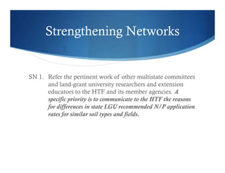 Strengthening Networks
SN 1. Refer the pertinent work of other multistate committees
and land-grant university researchers and extension
educators to the HTF and its member agencies. A
specific priority is to communicate to the HTF the reasons
for differences in state LGU recommended N/P application
rates for similar soil types and fields.
 