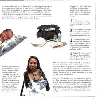 Un ambiente favorable para el desarrollo de un ser humano se integra con                                 Tomando en cuenta todos estos
 diversos elementos: inicia con un lugar limpio, confortable, donde sólo                                  problemas, la Organización
 viva el bebé con su padre y su madre y no esté lleno de tíos, primos, abue                               Mundial de la Salud (OMS) ha
 los, etcétera. Es necesario que el bebé no viva en un ambiente violento o                                hecho una serie de recomenda
 rodeado de gente viciosa; por el contrario, su entorno debe estar lleno de                               ciones sobre la reproducción
 estímulos para que su intelecto, cuerpo y sistema de valores se desarrollen                              humana:
 plenamente. Y sobre todo, debe crecer rodeado de amor.
                                                                                                          IEn la mujer, el momento
                                                                                                              adecuado para comenzar a
                                                                                                          concebir es después de los 18
                                                                                                         años.


                                                                                                          2 Es conveniente que la pare
                                                                                                                ja deje pasar un lapso de
                                                                                                         dos años entre cada embarazo,
                                                                                                         si planea tener más de un hijo.


                                                                                                          3 Las mujeres deben evitar
                                                                                                                los embarazos después de
                                                                                                         los 35 años; en caso de que se
                                                                                                         conciba después de esta edad,
                                                                                                         se debe mantener un estricta
                                                                                                         vigilancia médica.


                                                                                                         4 Después de haber tenido el
                                                                                                                número deseado de hijos,
                                                                                                         la pareja debe emplear métodos
                                                                                                         anticonceptivos definitivos.


                                                                               A los embarazos que se producen cuando la madre tiene
                                                                               18 años o menos se les llama embarazos precoces y se
Puede ser que conozcas a                                                       encuentran dentro del grupo de los embarazos de alto
muchas personas que son                                                        riesgo, en los cuales se teme que, durante su etapa final,
padres o madres, aunque                                                        ocurra cualquiera de los siguientes casos: fallecimiento de
no reúnen todas estas                                                          la madre, del producto o de ambos; nacimiento de un bebé
cualidades; pero observa                                                       con bajo peso o daño cerebral.
cómo es su vida y la de sus
hijos. Las calles están                                                        Estos son los riesgos que corre una madre precoz cuando
llenas de niños abandona                                                       va a dar a luz, porque la mayoría no se cuida debidamente
dos o que huyeron de sus                                                       ni recibe atención médica oportuna, pues trata de ocultar
casas porque aquellas per                                                      su estado. Si a esto se le suman los sentimientos de culpa,
sonas que tenían la                                                            la preocupación cotidiana y en muchas ocasiones la falta
obligación de cuidarlos y                                                      de apoyo tanto de la pareja como de la familia, entonces se
quererlos los maltrataron                                                      tendrá a una futura madre estresada y con una autoestima
física y mentalmente.                                                          muy baja.
 