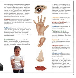 Ahora hablaremos de dos opciones para desarrollar            En cambio, Howard Gardner afirma
tus habilidades de pensamiento. Según el lingüista           que no empleamos una sola clase de
John Grinder y el matemático Richard Bandler, los            inteligencia en diferentes áreas, sino
seres humanos adquieren experiencias y aprenden a            que contamos con múltiples
través de los cinco sentidos, pero en cada individuo         inteligencias que poseen habilidades
predomina uno. Al distinguir claramente cuál es,             específicas. Éstas son las siete
debemos emplearlo para experimentar y aprender a             inteligencias que ha descubierto:
través de él. A partir de esta idea, ambos investi
gadores crearon tres grupos de personas:
                                                             Lingüística.' Empleo eficaz de la
Visuales." Aprecian e interpretan mejor los paisajes,        expresión oral y escrita.
películas, representaciones teatrales, etcétera. Son
observadoras y recuerdan los detalles de una situación       Lógico matemática: Empileo
que presenciaron.                                            eficaz del razonamiento.


                                                             Espacial.' Percepción correcta del
Auditivas: Recuerdan con facilidad las conversa              mundo visual y espacial.
ciones; les gusta más escuchar que hablar, porque así
aprenden más. Disfrutan mucho de la música y se              Física y quinestésica:
aprenden fácilmente las canciones. Sin embargo,              Expresión de ideas y sentimientos a
tienen problemas para mantener su atención, pues los         través de experiencias corporales;
sonidos los distraen.                                        utilización de las manos para crear y
                                                             transformar.


                    S: Son personas consideradas;            Musical: Percepción, identifi
perciben los sentimientos de los demás y poseen              cación, transformación y expresión
una sensibilidad mayor a la de otras personas para           de formas musicales.
detectar lo apropiado de lo que no lo es en diversas
situaciones.                                                 ínter per SO nal: Percepción e
                                                             identificación de estados de ánimo,
                                                             intenciones y sentimientos de otras
                                                             personas.



                                                             I ntra personal: Conocimiento y
                                                         i   apreciación de uno mismo, compor
                                                             tamientos adecuados.


                                                             Realiza muchas actividades de dife
                                                             rentes tipos: lee, baila, canta o visita
                                                             galerías de arte; trata de observar
                                                             más a las personas e intenta hacer
                                                             trabajos manuales. Todas estas activi
                                                             dades te servirán para desarrollar tu
                                                             pensamiento de distintas formas.
 