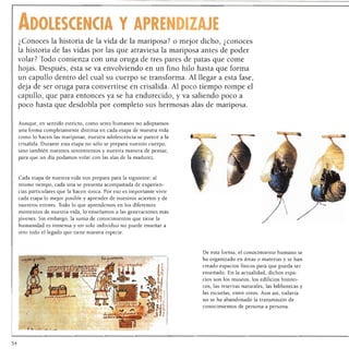 Adolescencia y aprendizaje
     ¿Conoces la historia de la vida de la mariposa? o mejor dicho, ¿conoces
     la historia de las vidas por las que atraviesa la mariposa antes de poder
     volar? Todo comienza con una oruga de tres pares de patas que come
     hojas. Después, ésta se va envolviendo en un fino hilo hasta que forma
     un capullo dentro del cual su cuerpo se transforma. Al llegar a esta fase,
     deja de ser oruga para convertirse en crisálida. Al poco tiempo rompe el
     capullo, que para entonces ya se ha endurecido, y va saliendo poco a
     poco hasta que desdobla por completo sus hermosas alas de mariposa.


     Aunque, en sentido estricto, como seres humanos no adoptamos
     una forma completamente distinta en cada etapa de nuestra vida
     como lo hacen las mariposas, nuestra adolescencia se parece a la
     crisálida. Durante esta etapa no sólo se prepara nuestro cuerpo,
     sino también nuestros sentimientos y nuestra manera de pensar,
     para que un día podamos volar con las alas de la madurez.



     Cada etapa de nuestra vida nos prepara para la siguiente; al
     mismo tiempo, cada una se presenta acompañada de experien
     cias particulares que la hacen única. Por eso es importante vivir
     cada etapa lo mejor posible y aprender de nuestros aciertos y de
     nuestros errores. Todo lo que aprendemos en los diferentes
     momentos de nuestra vida, lo enseñamos a las generaciones más
     jóvenes. Sin embargo, la suma de conocimientos que tiene la
     humanidad es inmensa y un solo individuo no puede enseñar a
     otro todo el legado que tiene nuestra especie.



                                                                         De esta forma, el conocimiento humano se
                                                                         ha organizado en áreas o materias y se han
                                                                         creado espacios físicos para que pueda ser
                                                                         enseñado. En la actualidad, dichos espa
                                                                         cios son los museos, los edificios históri
                                                                         cos, las reservas naturales, las bibliotecas y
                                                                         las escuelas, entre otros. Aun así, todavía
                                                                         no se ha abandonado la transmisión de
                                                                         conocimientos de persona a persona.
                                          ¿.^fc^/""**^;?         j i ,




54
 