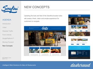 Intelligent Web Solutions for Bars & Restaurants
AGENDA
Introduction
Video
Website Traffic
Form Activity
SinglePlatform™
Moving Forward
New Concepts
SEPTEMBER 2, 2014
DRAFT v1.0
NEW CONCEPTS
Updating the look and feel of the Serafina location sites
will create a fresh, clean and simple experience for
customers to navigate.
 