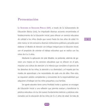 6
Presentación
La Secretaría de Educación Pública (SEP), a través de la Subsecretaría de
Educación Básica (SEB), ha impulsado diversas acciones encaminadas al
fortalecimiento de la Educación Inicial, para ofrecer un servicio educativo
de calidad a los niños desde que nacen hasta los tres años de edad. En
este marco, la SEB convocó a diversas instituciones públicas y privadas para
elaborar el Modelo de Atención con Enfoque Integral para la Educación Inicial,
con el propósito de orientar el trabajo educativo que se realiza con los
niños de 0 a 3 años.
Mediante la aplicación de este Modelo, se pretende, además de ge-
nerar una mejora en los servicios educativos que se ofrecen en el país,
impulsar una cultura de atención a la infancia que considere el ejercicio de
los derechos de los niños, la atención a su diversidad, y el respeto por los
modos de aprendizaje y las necesidades de cada uno de ellos. Para esto,
se requieren adultos competentes y conscientes de la responsabilidad que
adquieren al trabajar con los niños pequeños y sus familias.
Ser agente educativo tiene como finalidad invitar a quienes se encargan
de Educación Inicial a una reflexión que permita evaluar y transformar la
práctica educativa a la luz de nuevos fundamentos teóricos y prácticos rela-
cionados con la educación de los niños de 0 a 3 años de edad. Se trata de
 