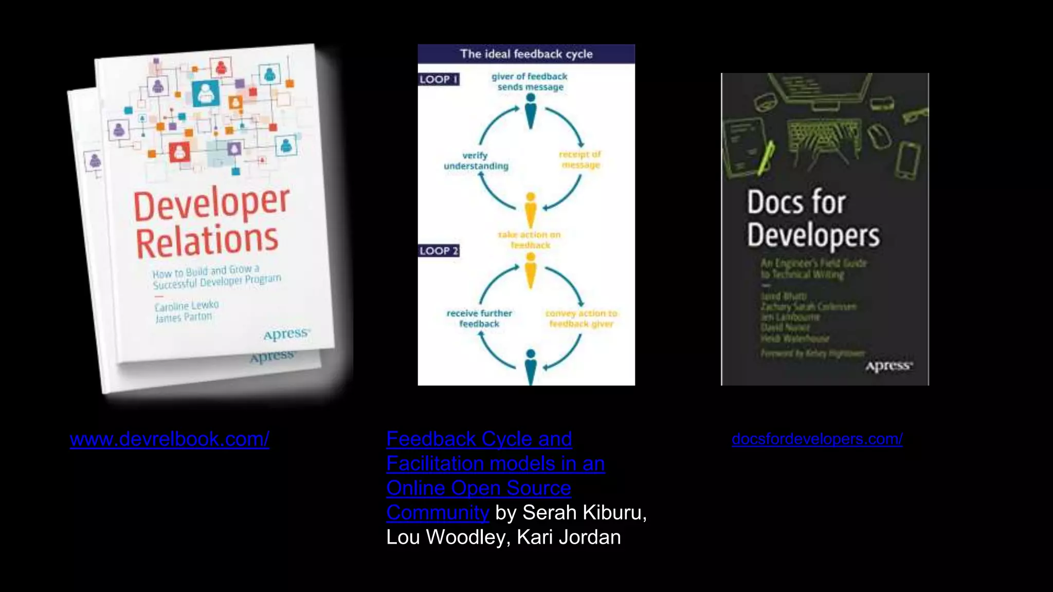 www.devrelbook.com/ Feedback Cycle and
Facilitation models in an
Online Open Source
Community by Serah Kiburu,
Lou Woodley, Kari Jordan
docsfordevelopers.com/
 