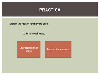 PRACTICA
Explain the reason for the verb used.
1. El flan está malo.
Characteristics of
plate
Taste at the moment
 