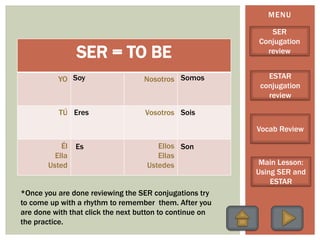 SER = TO BE
YO Nosotros
TÚ Vosotros
Él
Ella
Usted
Ellos
Ellas
Ustedes
MENU
*Once you are done reviewing the SER conjugations try
to come up with a rhythm to remember them. After you
are done with that click the next button to continue on
the practice.
Soy
Eres
Es
Somos
Sois
Son
SER
Conjugation
review
ESTAR
conjugation
review
Vocab Review
Main Lesson:
Using SER and
ESTAR
 