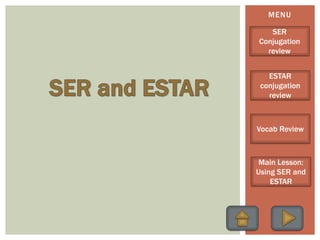 MENU
SER
Conjugation
review
ESTAR
conjugation
review
Vocab Review
Main Lesson:
Using SER and
ESTAR
 