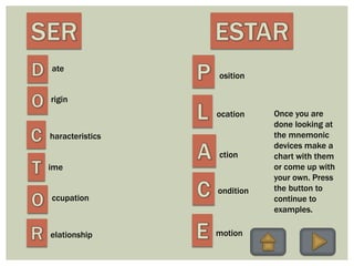 ate
rigin
elationship
haracteristics
ime
ccupation
osition
ocation
ction
ondition
motion
Once you are
done looking at
the mnemonic
devices make a
chart with them
or come up with
your own. Press
the button to
continue to
examples.
 