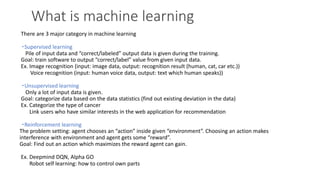 What is machine learning
There are 3 major category in machine learning
・Supervised learning
Pile of input data and “corre...