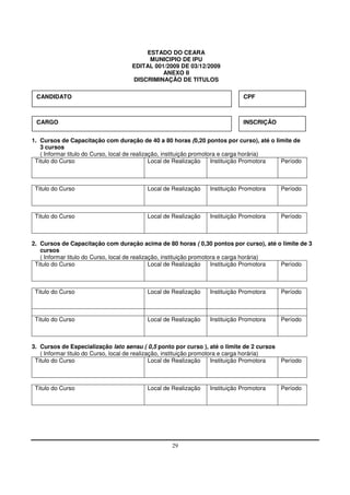 ESTADO DO CEARA
                                          MUNICIPIO DE IPU
                                     EDITAL 001/2009 DE 03/12/2009
                                               ANEXO II
                                     DISCRIMINAÇÃO DE TITULOS

 CANDIDATO                                                                    CPF



 CARGO                                                                        INSCRIÇÃO


1. Cursos de Capacitação com duração de 40 a 80 horas (0,20 pontos por curso), até o limite de
   3 cursos
   ( Informar titulo do Curso, local de realização, instituição promotora e carga horária)
 Titulo do Curso                               Local de Realização     Instituição Promotora Período



 Titulo do Curso                          Local de Realização     Instituição Promotora     Período



 Titulo do Curso                          Local de Realização     Instituição Promotora     Período



2. Cursos de Capacitação com duração acima de 80 horas ( 0,30 pontos por curso), até o limite de 3
   cursos
   ( Informar titulo do Curso, local de realização, instituição promotora e carga horária)
 Titulo do Curso                               Local de Realização     Instituição Promotora Período



 Titulo do Curso                          Local de Realização     Instituição Promotora     Período



 Titulo do Curso                          Local de Realização     Instituição Promotora     Período



3. Cursos de Especialização lato sensu ( 0,5 ponto por curso ), até o limite de 2 cursos
   ( Informar titulo do Curso, local de realização, instituição promotora e carga horária)
 Titulo do Curso                               Local de Realização     Instituição Promotora Período



 Titulo do Curso                          Local de Realização     Instituição Promotora     Período




                                                    29
 
